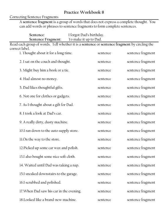 Th Grade Sentence Fragments Worksheets