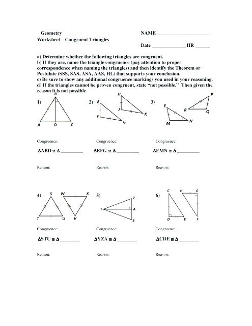 Worksheet Congruent Triangles Geometry